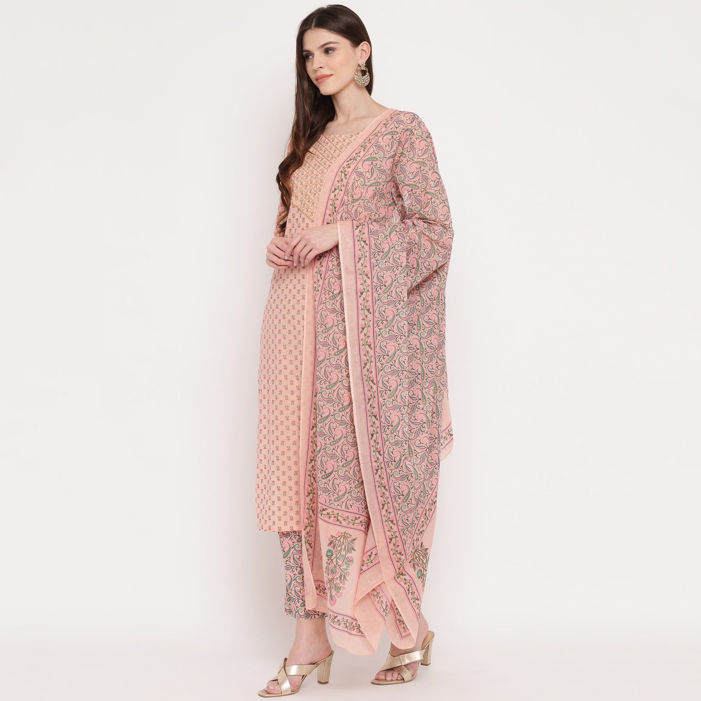 Women's Foil Print & Gota Patti Work Straight Cotton Peach Kurta,Pant & Dupatta