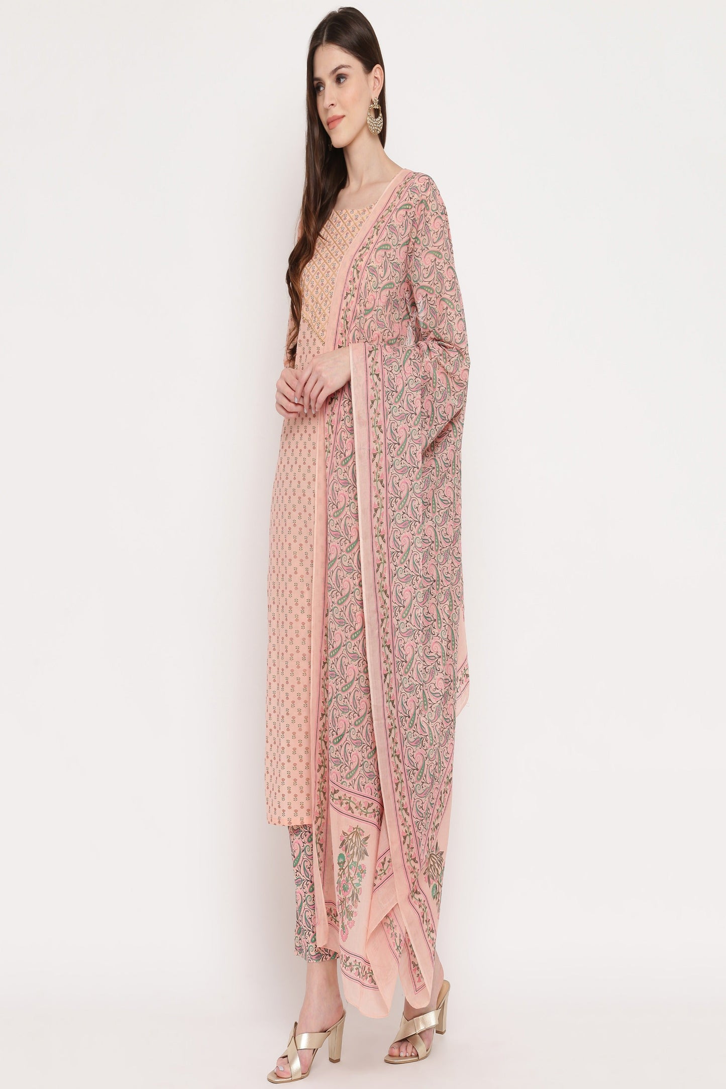 Women's Foil Print & Gota Patti Work Straight Cotton Peach Kurta,Pant & Dupatta