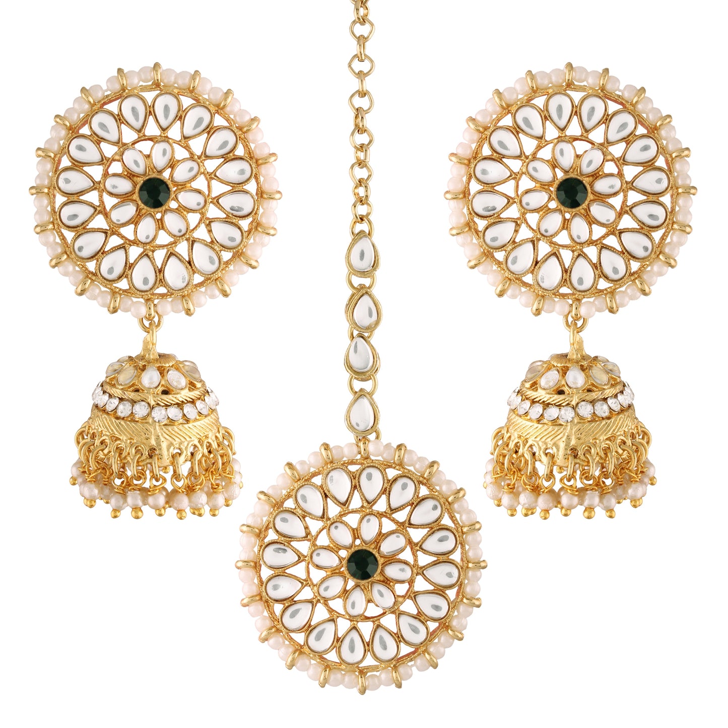 Women's Traditional Gold Plated Chandbali Kundan & Pearl Earring Set with Maang Tikka