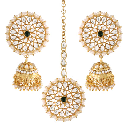 Women's Traditional Gold Plated Chandbali Kundan & Pearl Earring Set with Maang Tikka