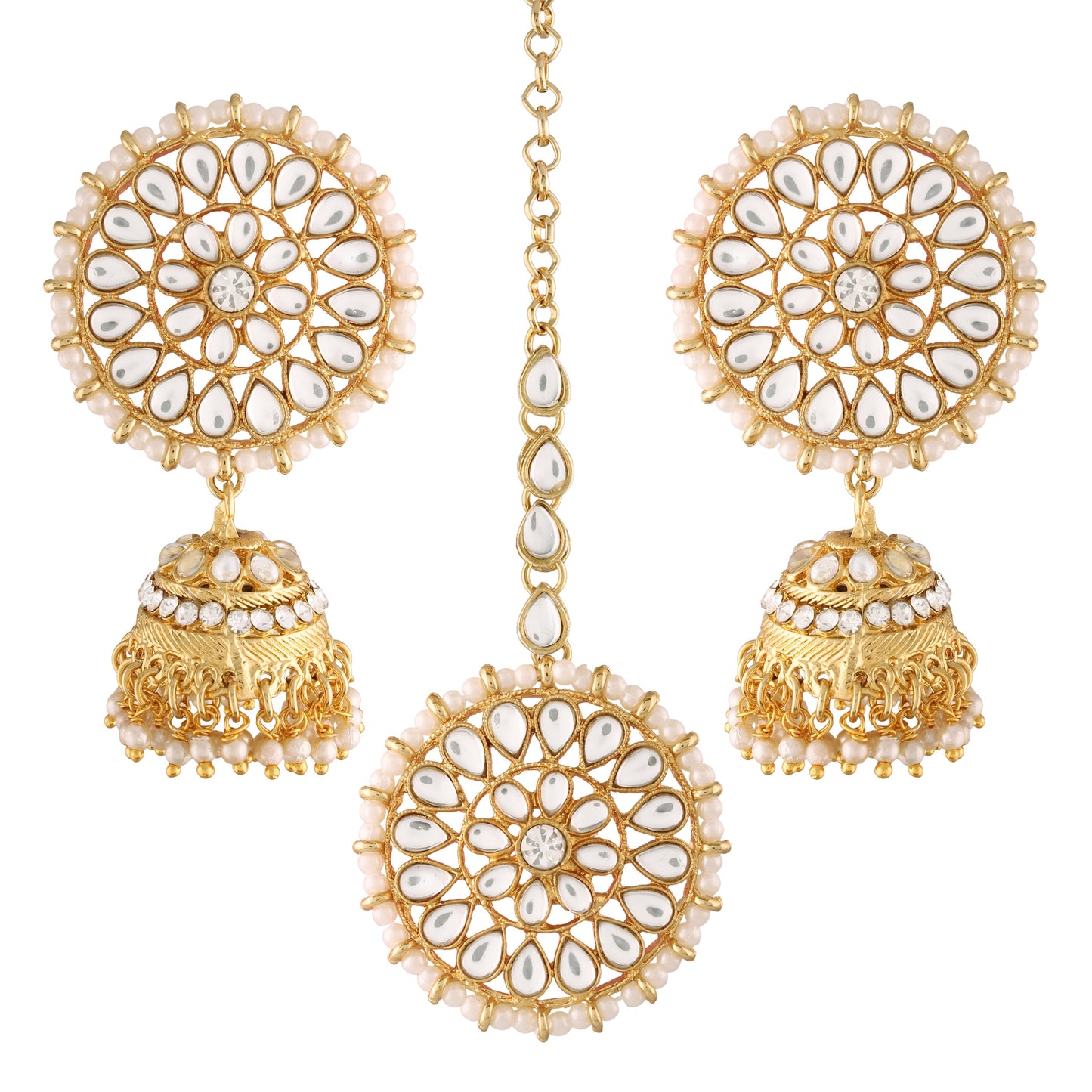 Women's Traditional Gold Plated Chandbali Kundan & Pearl Earring Set with Maang Tikka