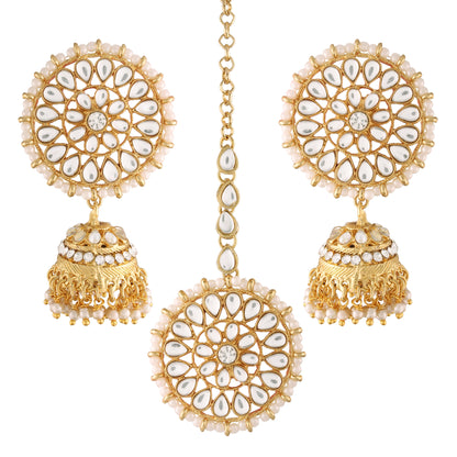 Women's Traditional Gold Plated Chandbali Kundan & Pearl Earring Set with Maang Tikka