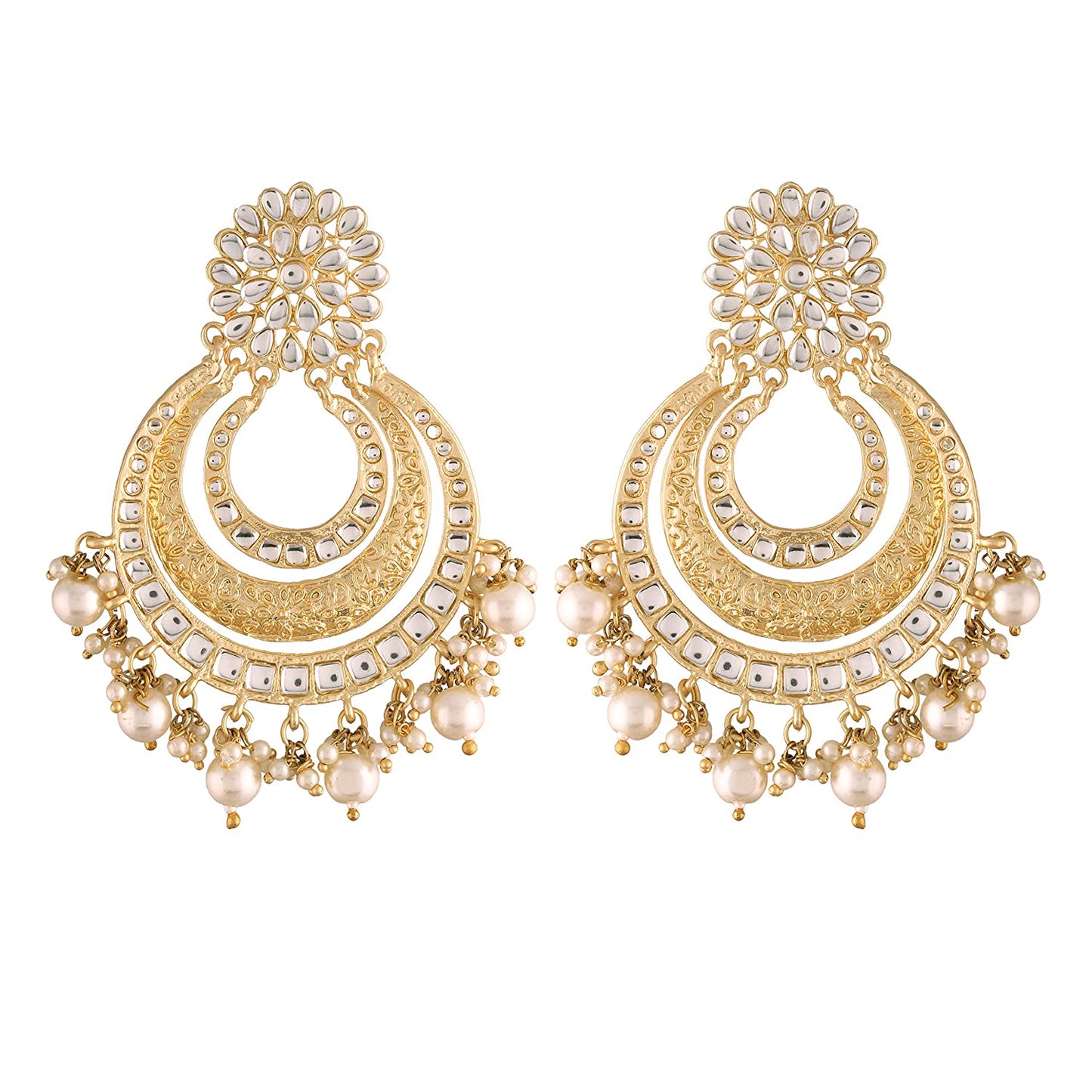 Women's Traditional Gold Plated Chandbali Kundan & Pearl Earring Set with Maang Tikka