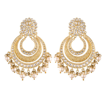 Women's Traditional Gold Plated Chandbali Kundan & Pearl Earring Set with Maang Tikka