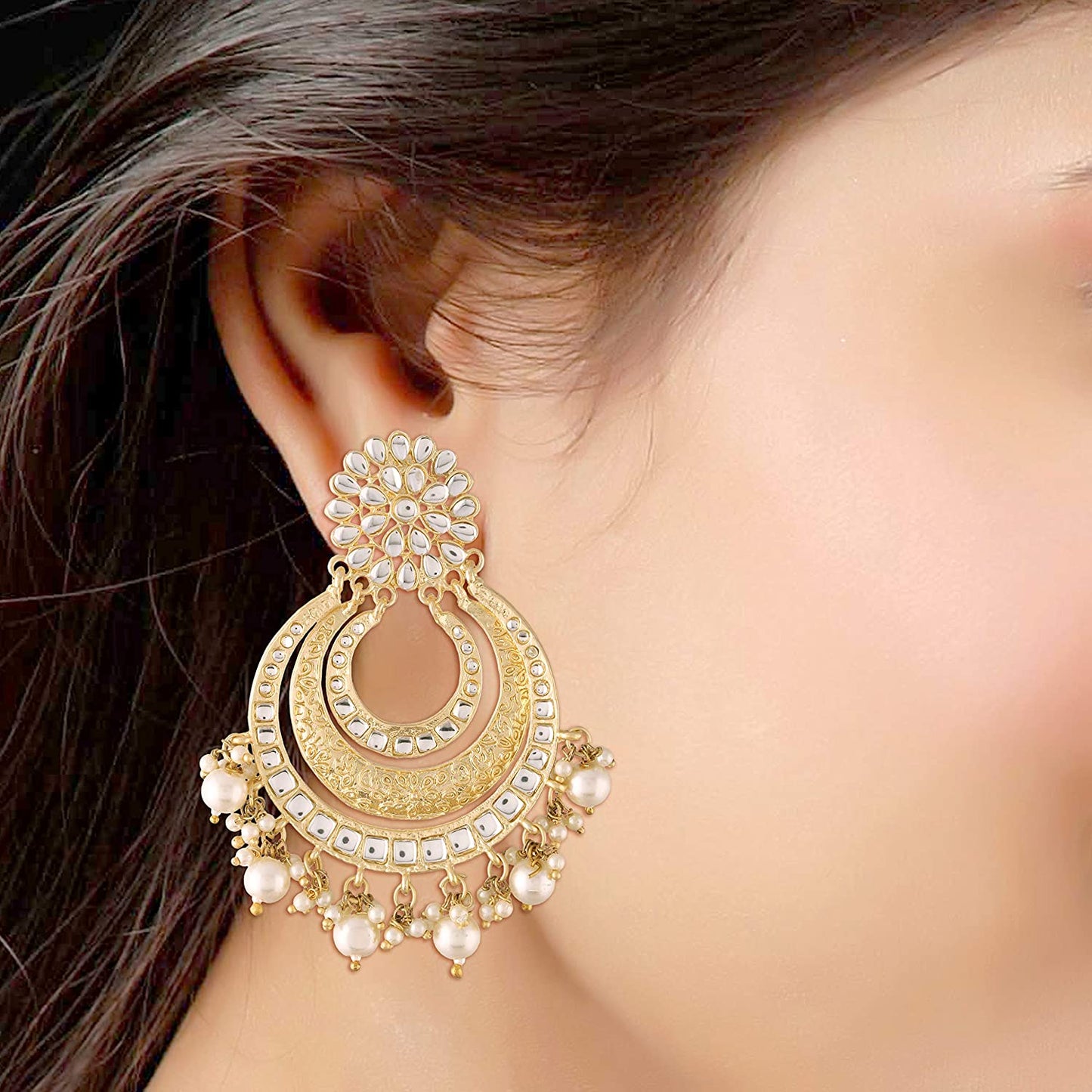 Women's Traditional Gold Plated Chandbali Kundan & Pearl Earring Set with Maang Tikka