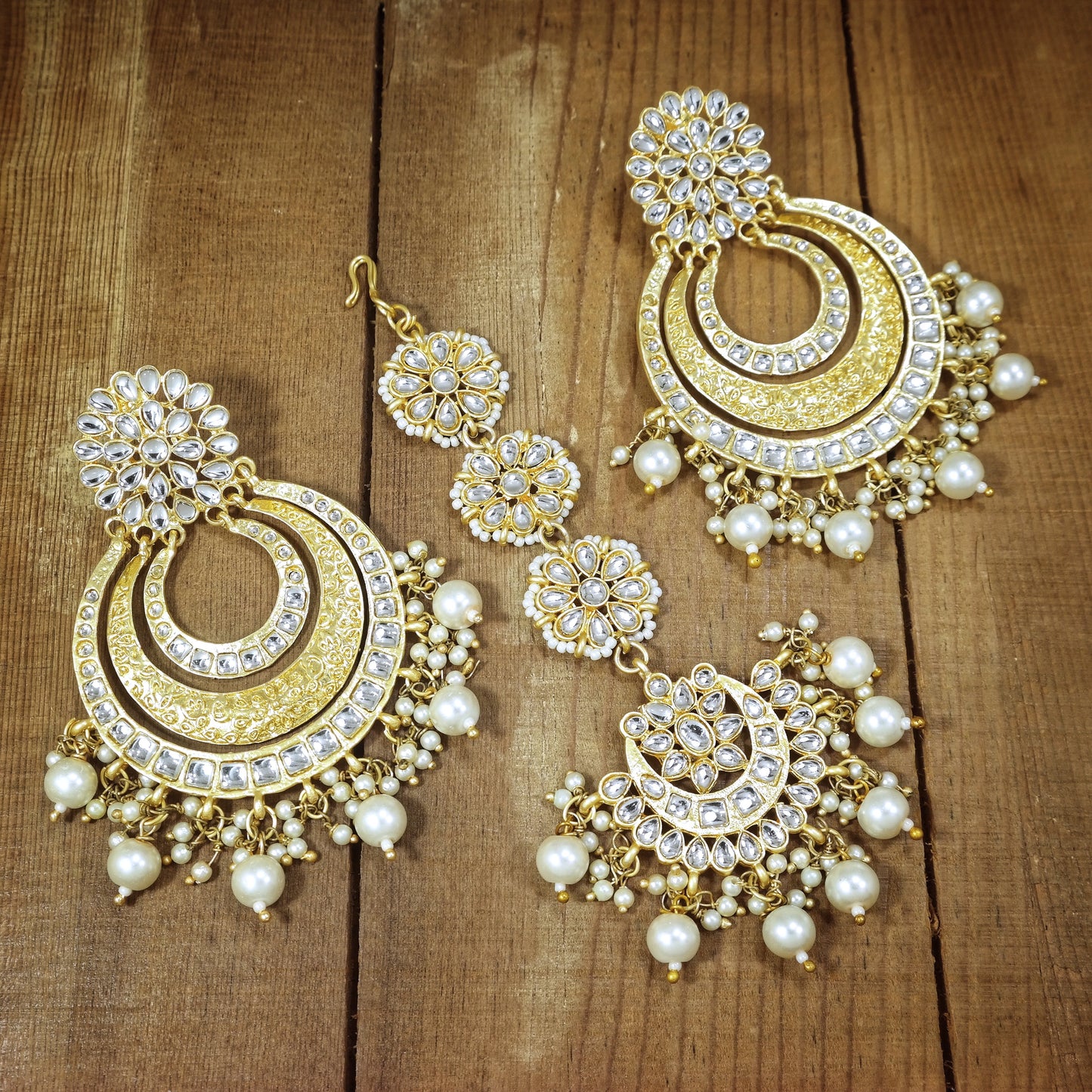 Women's Traditional Gold Plated Chandbali Kundan & Pearl Earring Set with Maang Tikka