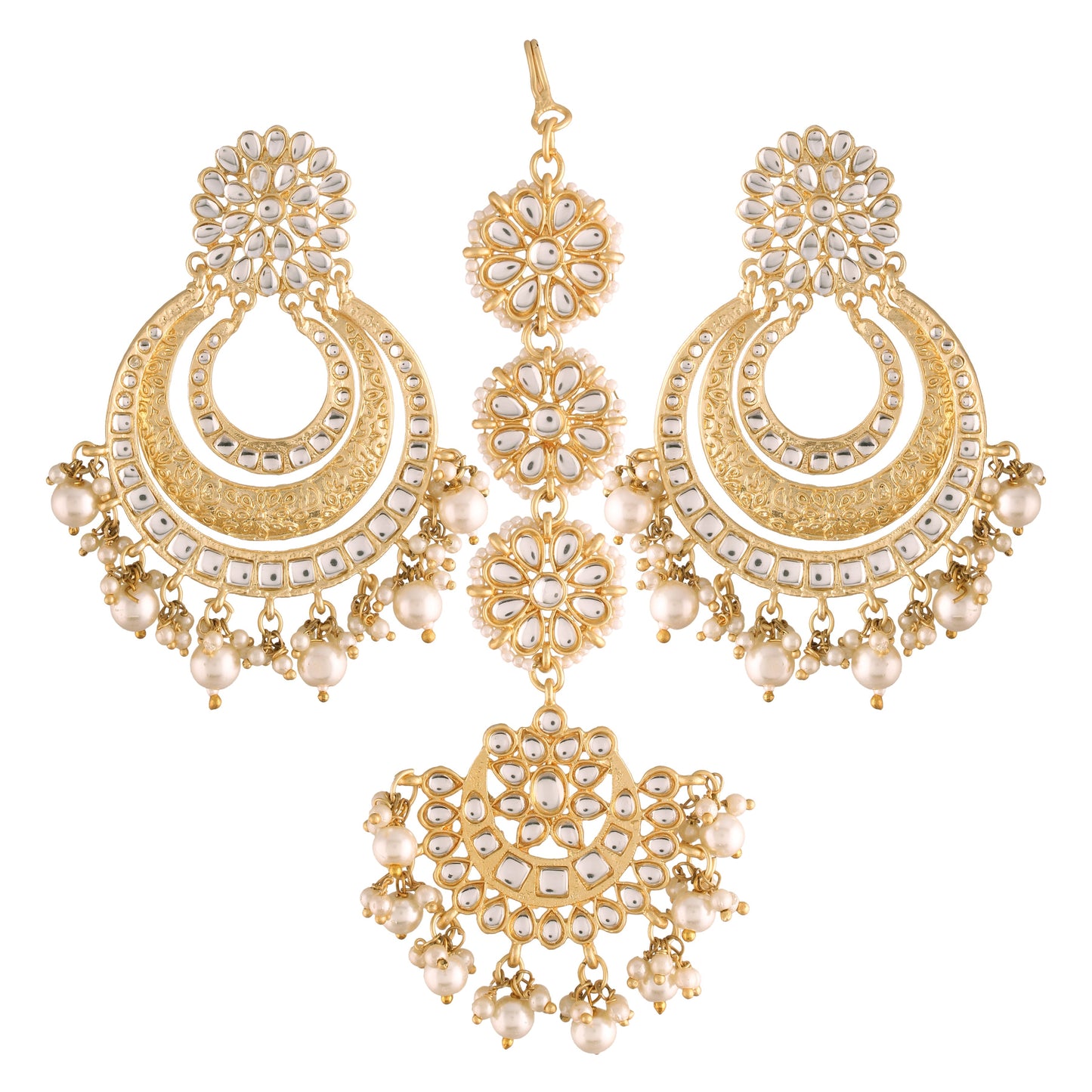 Women's Traditional Gold Plated Chandbali Kundan & Pearl Earring Set with Maang Tikka