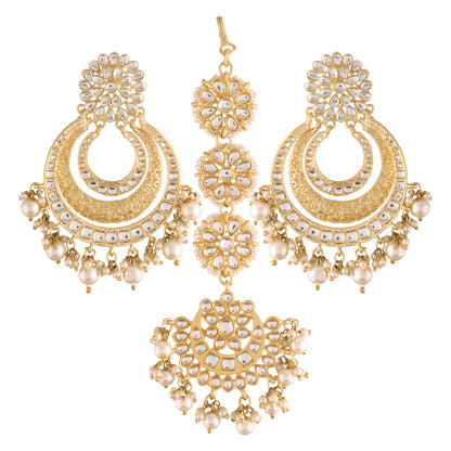 Women's Traditional Gold Plated Chandbali Kundan & Pearl Earring Set with Maang Tikka
