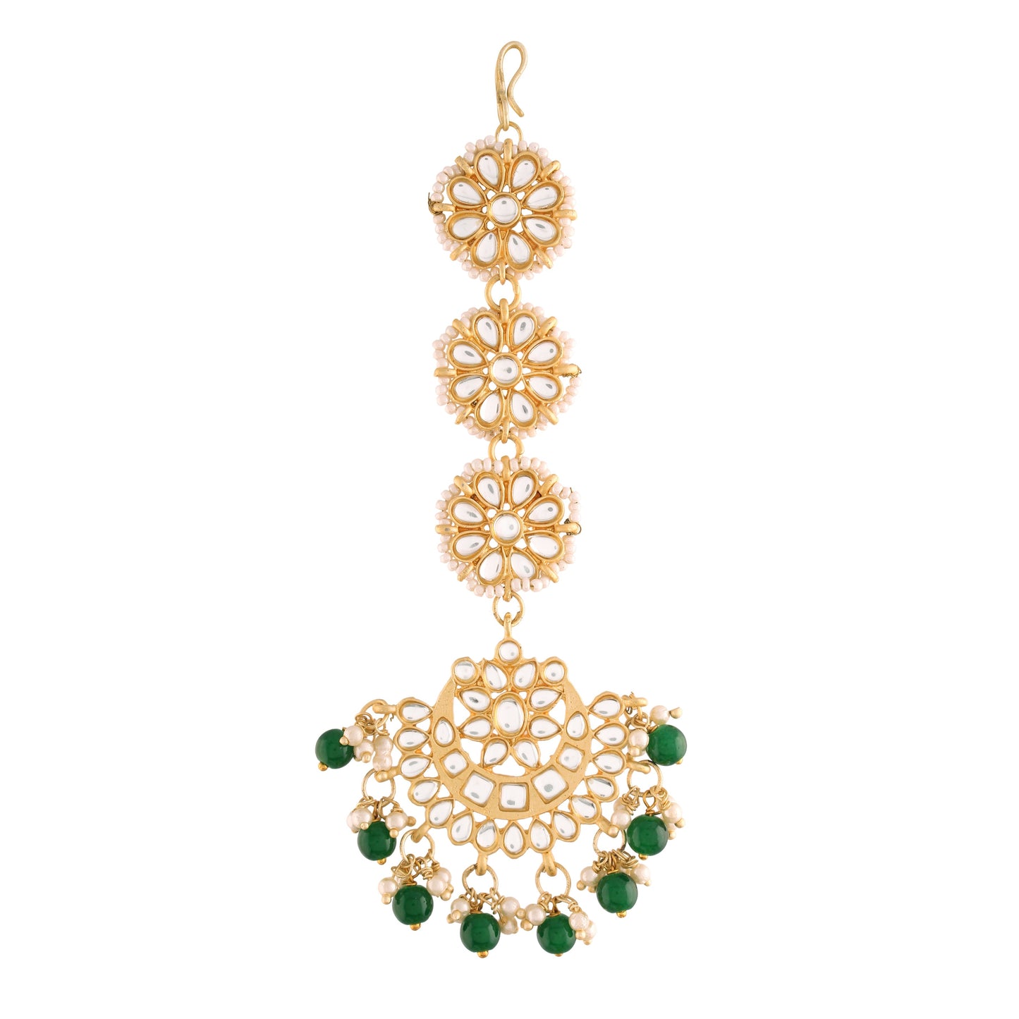 Women's Traditional Gold Plated Chandbali Kundan & Pearl Earring Set with Maang Tikka