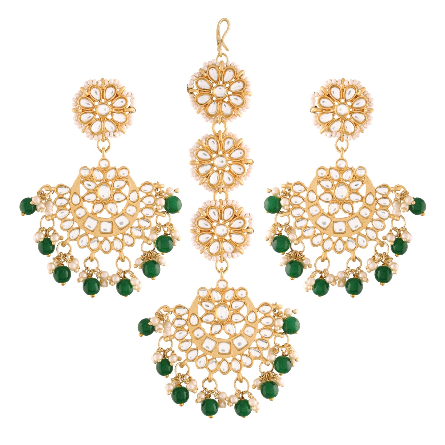 Women's Traditional Gold Plated Chandbali Kundan & Pearl Earring Set with Maang Tikka