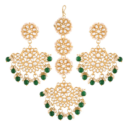 Women's Traditional Gold Plated Chandbali Kundan & Pearl Earring Set with Maang Tikka