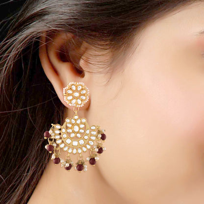 Women's Traditional Gold Plated Chandbali Kundan & Pearl Earring Set with Maang Tikka