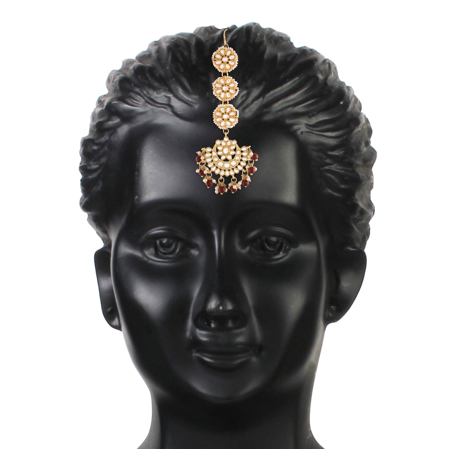 Women's Traditional Gold Plated Chandbali Kundan & Pearl Earring Set with Maang Tikka