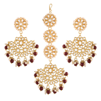 Women's Traditional Gold Plated Chandbali Kundan & Pearl Earring Set with Maang Tikka