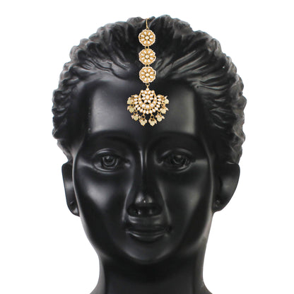 Women's Traditional Gold Plated Chandbali Kundan & Pearl Earring Set with Maang Tikka