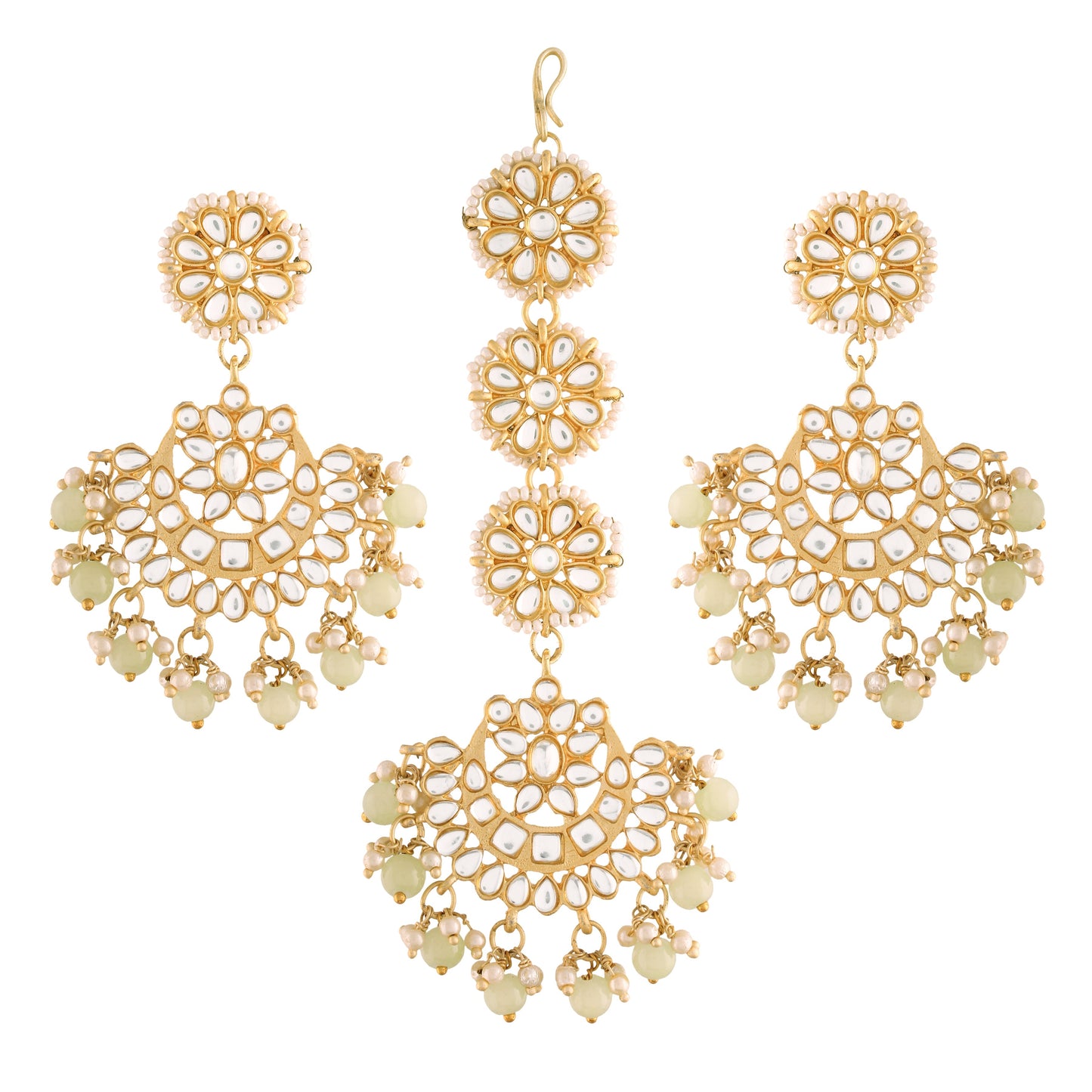 Women's Traditional Gold Plated Chandbali Kundan & Pearl Earring Set with Maang Tikka