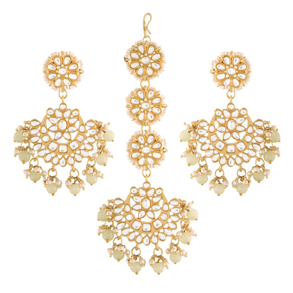Women's Traditional Gold Plated Chandbali Kundan & Pearl Earring Set with Maang Tikka