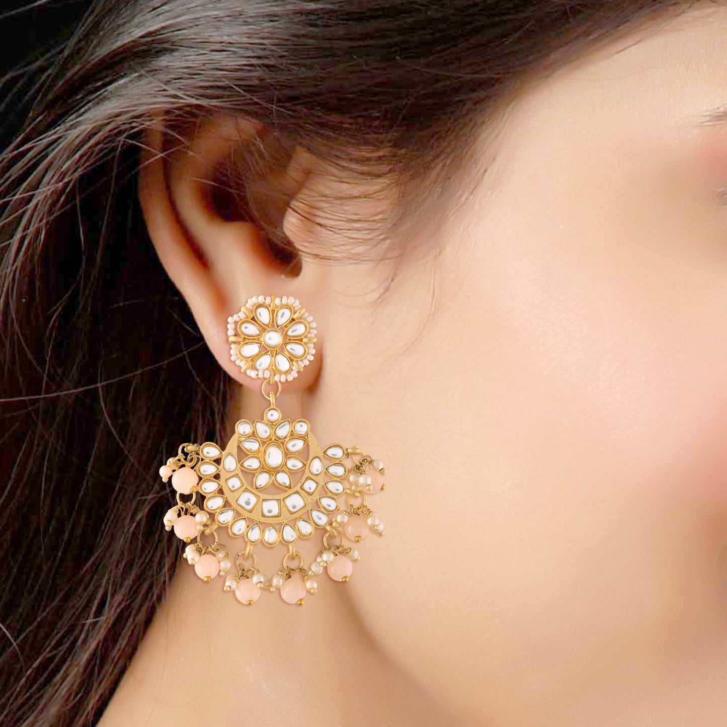 Women's Traditional Gold Plated Chandbali Kundan & Pearl Earring Set with Maang Tikka