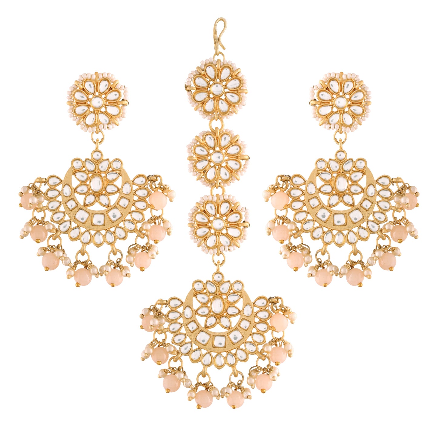 Women's Traditional Gold Plated Chandbali Kundan & Pearl Earring Set with Maang Tikka