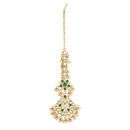 Women's Traditional Gold Plated Chandbali Kundan & Pearl Earring Set with Maang Tikka
