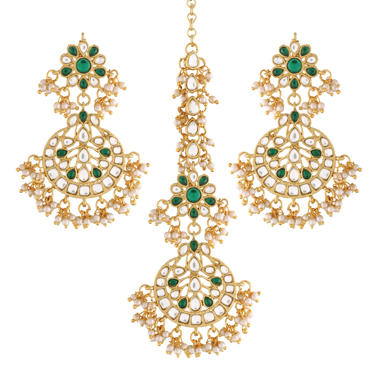 Women's Traditional Gold Plated Chandbali Kundan & Pearl Earring Set with Maang Tikka