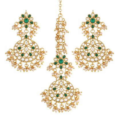 Women's Traditional Gold Plated Chandbali Kundan & Pearl Earring Set with Maang Tikka