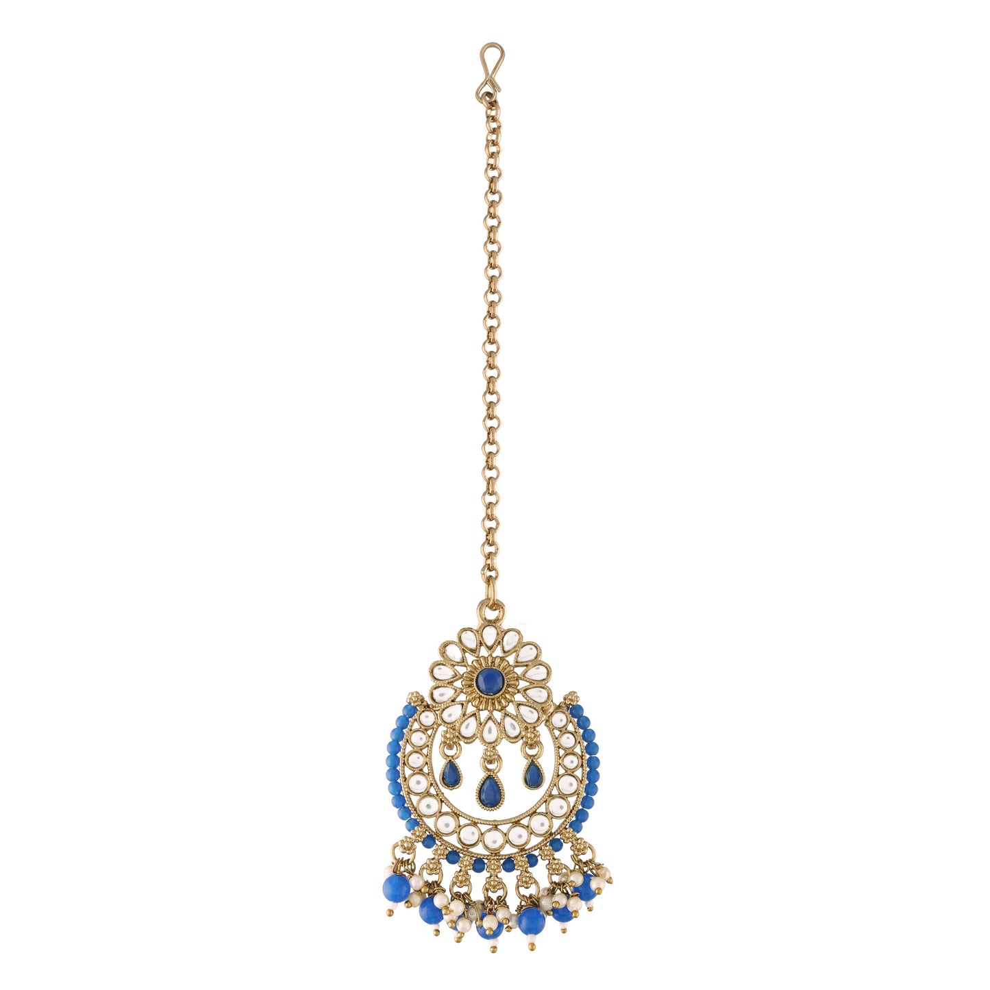 Women's 18K Gold Plated Handcrafted Earrings With Maang Tikka Encased with Faux Kundan & Pearl
