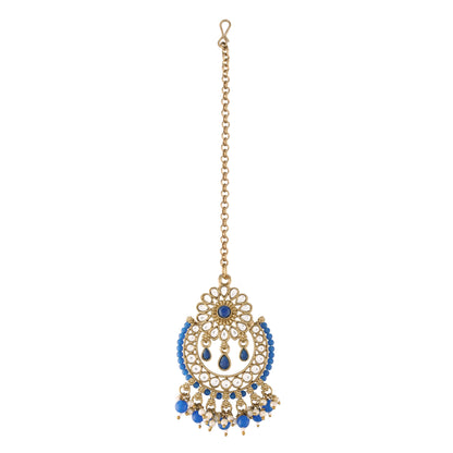 Women's 18K Gold Plated Handcrafted Earrings With Maang Tikka Encased with Faux Kundan & Pearl