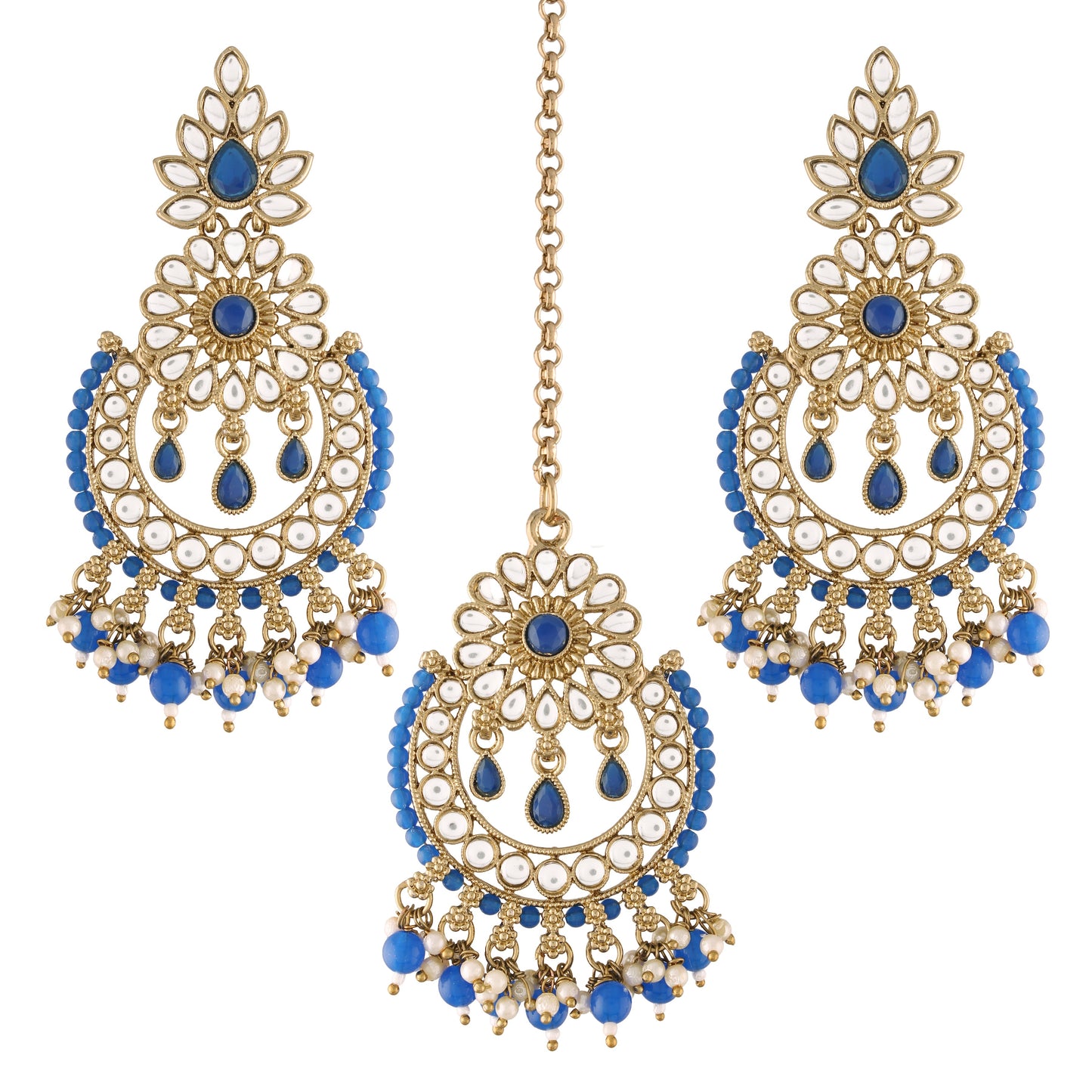 Women's 18K Gold Plated Handcrafted Earrings With Maang Tikka Encased with Faux Kundan & Pearl