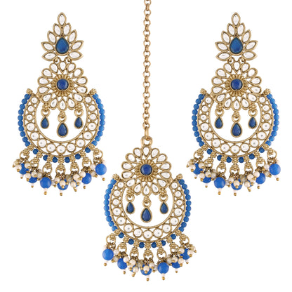 Women's 18K Gold Plated Handcrafted Earrings With Maang Tikka Encased with Faux Kundan & Pearl
