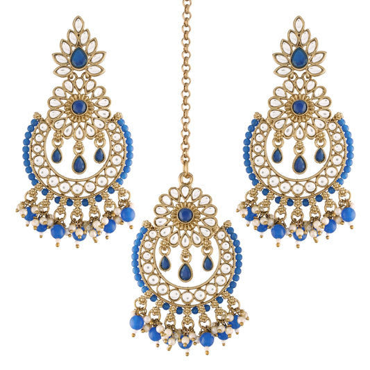 Women's 18K Gold Plated Handcrafted Earrings With Maang Tikka Encased with Faux Kundan & Pearl