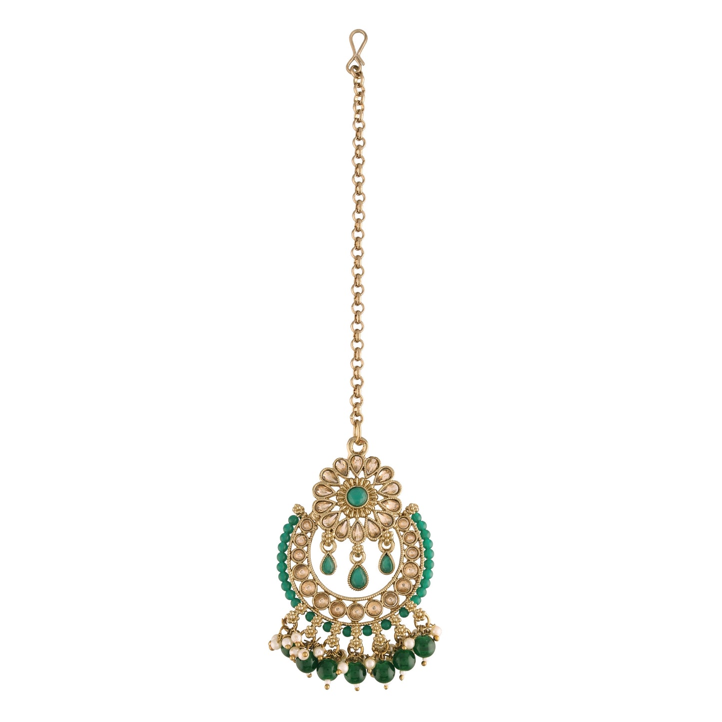 Women's 18K Gold Plated Handcrafted Earrings With Maang Tikka Encased with Faux Kundan & Pearl