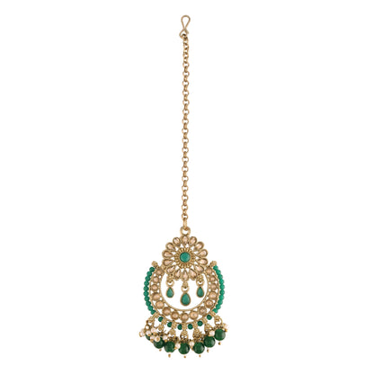Women's 18K Gold Plated Handcrafted Earrings With Maang Tikka Encased with Faux Kundan & Pearl