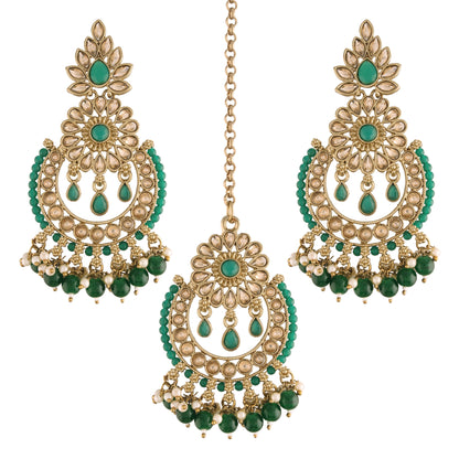 Women's 18K Gold Plated Handcrafted Earrings With Maang Tikka Encased with Faux Kundan & Pearl