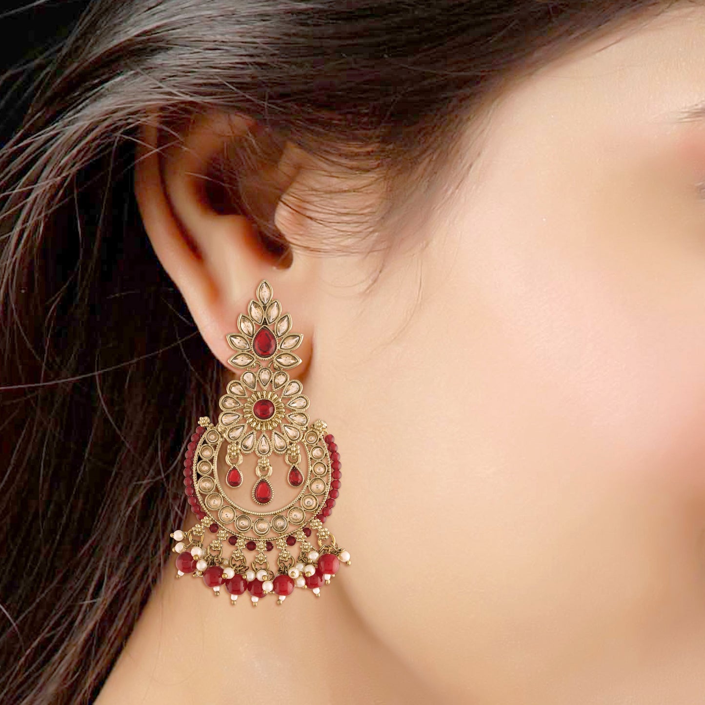Women's 18K Gold Plated Handcrafted Earrings With Maang Tikka Encased with Faux Kundan & Pearl