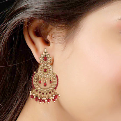 Women's 18K Gold Plated Handcrafted Earrings With Maang Tikka Encased with Faux Kundan & Pearl