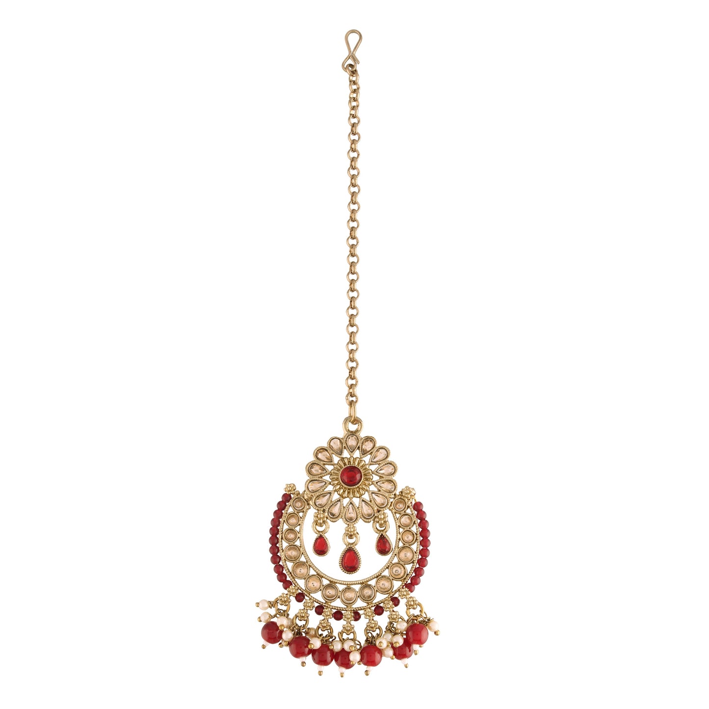 Women's 18K Gold Plated Handcrafted Earrings With Maang Tikka Encased with Faux Kundan & Pearl