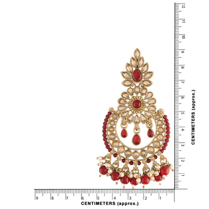 Women's 18K Gold Plated Handcrafted Earrings With Maang Tikka Encased with Faux Kundan & Pearl