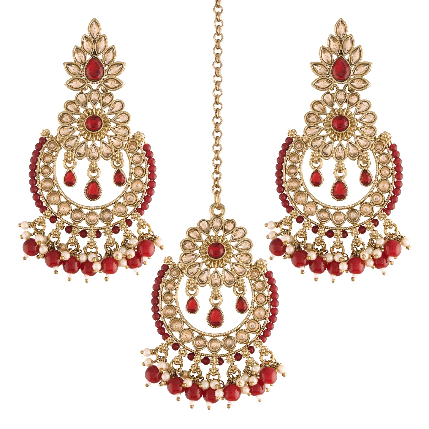 Women's 18K Gold Plated Handcrafted Earrings With Maang Tikka Encased with Faux Kundan & Pearl