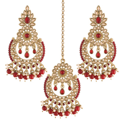 Women's 18K Gold Plated Handcrafted Earrings With Maang Tikka Encased with Faux Kundan & Pearl