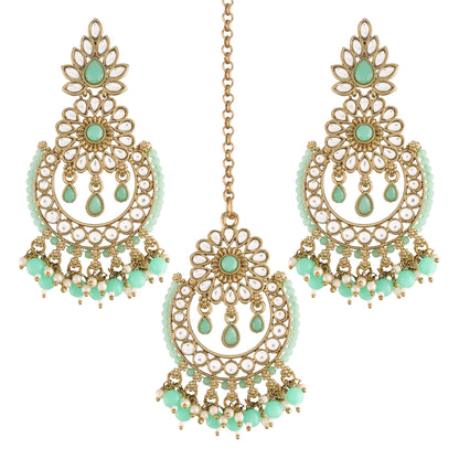 Women's 18K Gold Plated Handcrafted Earrings With Maang Tikka Encased with Faux Kundan & Pearl