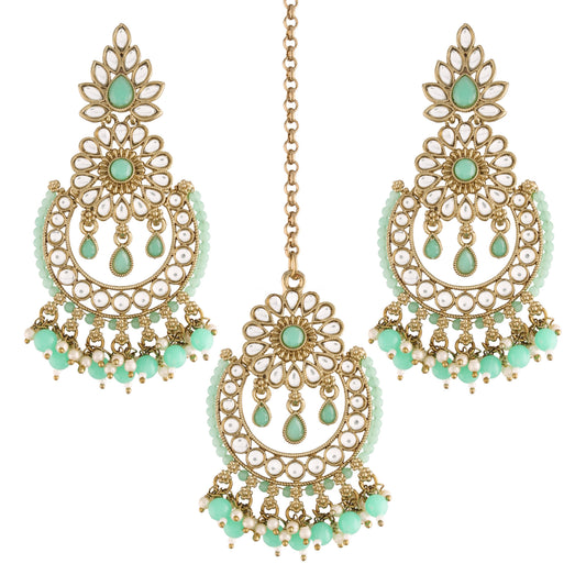 Women's 18K Gold Plated Handcrafted Earrings With Maang Tikka Encased with Faux Kundan & Pearl