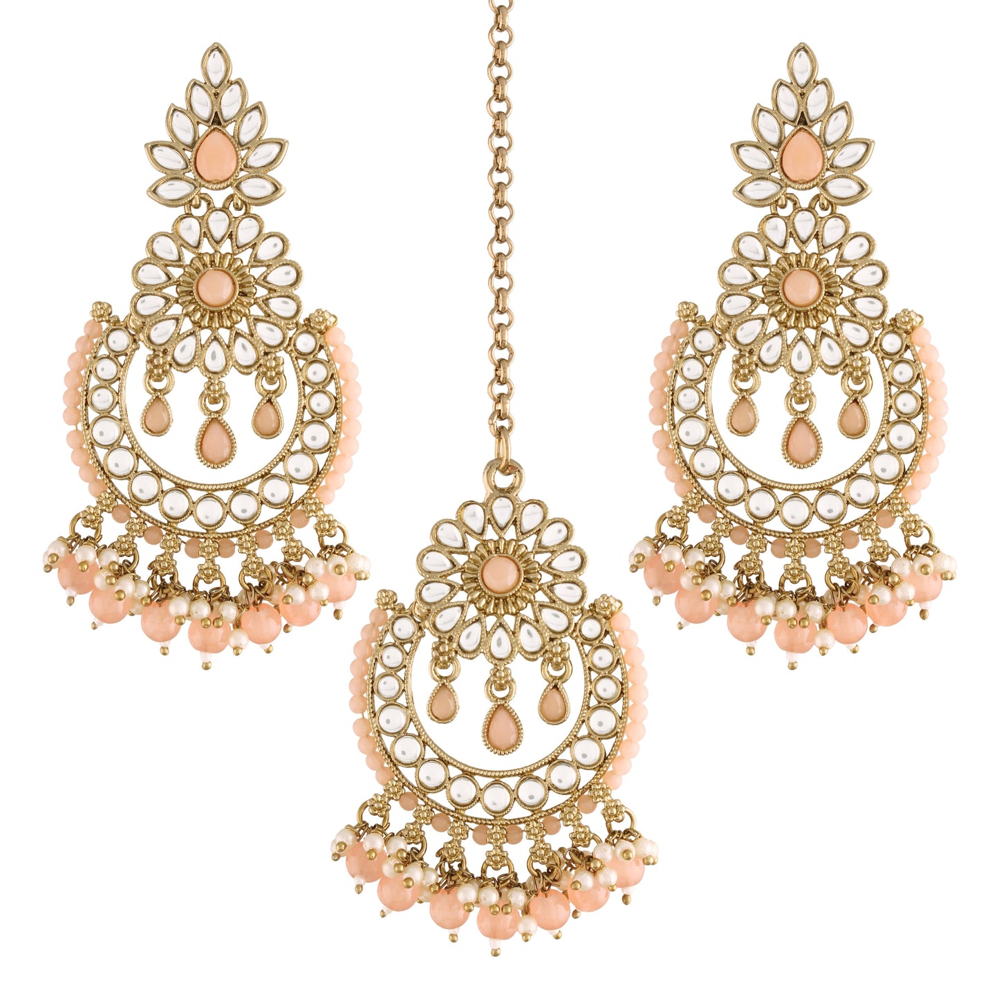 Women's 18K Gold Plated Handcrafted Earrings With Maang Tikka Encased with Faux Kundan & Pearl