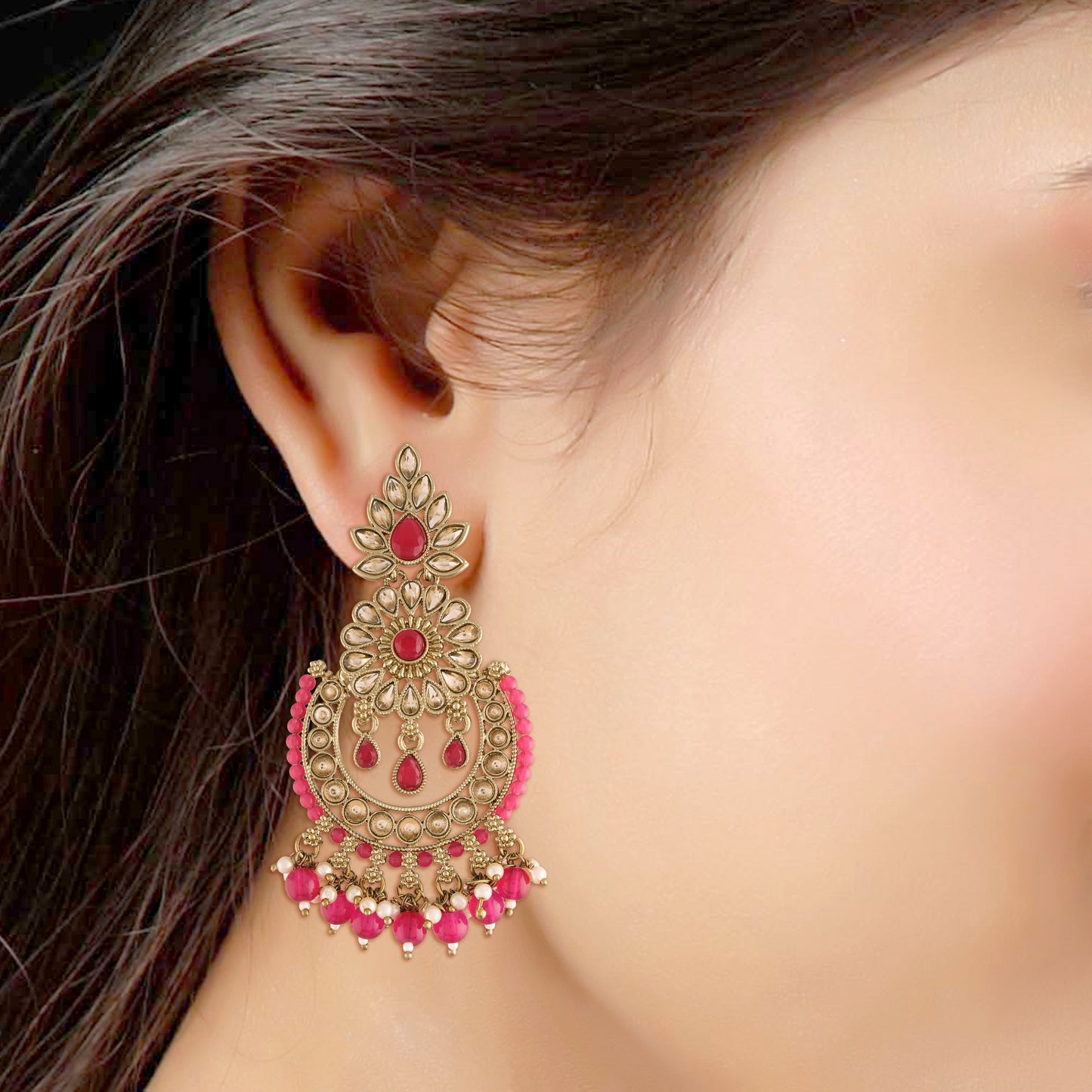 Women's 18K Gold Plated Handcrafted Earrings With Maang Tikka Encased with Faux Kundan & Pearl