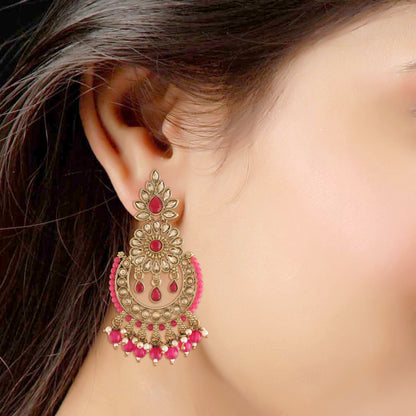 Women's 18K Gold Plated Handcrafted Earrings With Maang Tikka Encased with Faux Kundan & Pearl