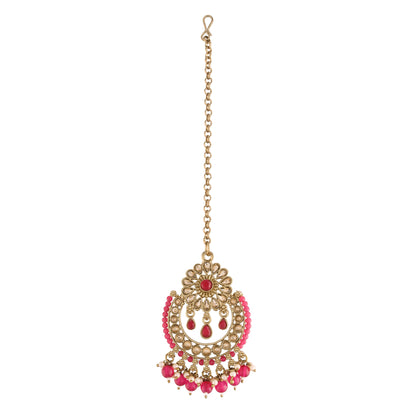 Women's 18K Gold Plated Handcrafted Earrings With Maang Tikka Encased with Faux Kundan & Pearl