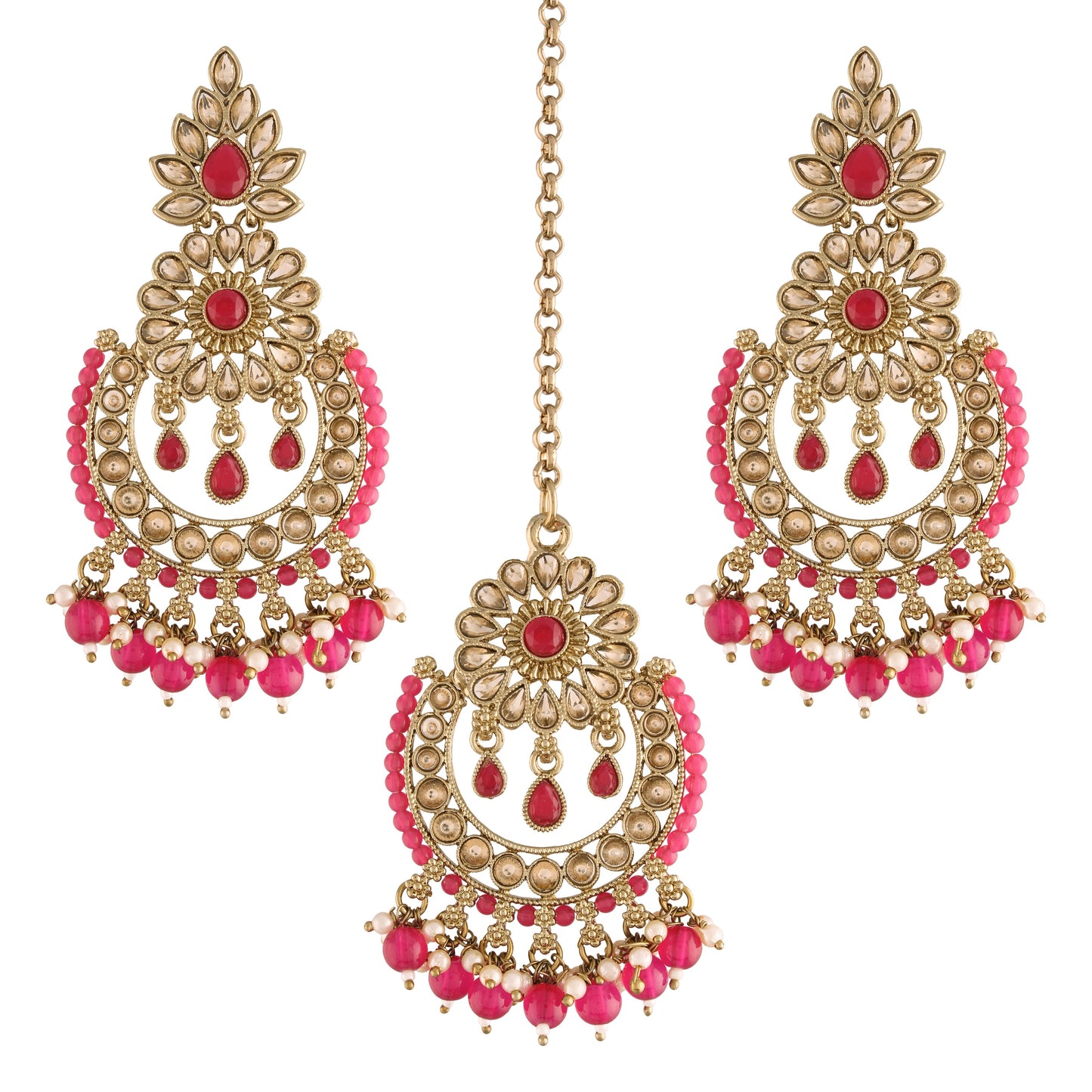 Women's 18K Gold Plated Handcrafted Earrings With Maang Tikka Encased with Faux Kundan & Pearl