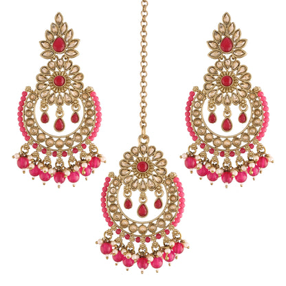 Women's 18K Gold Plated Handcrafted Earrings With Maang Tikka Encased with Faux Kundan & Pearl