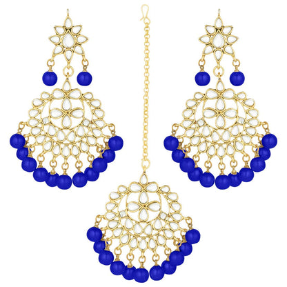 Women's Traditional Gold Plated Chandbali Kundan & Pearl Earring Set with Maang Tikka