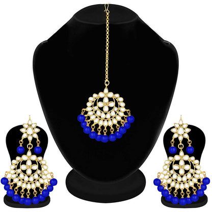 Women's Traditional Gold Plated Chandbali Kundan & Pearl Earring Set with Maang Tikka
